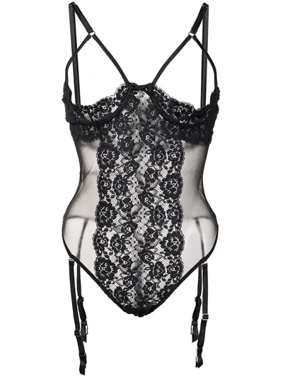 Fleur Du Mal Foxy Lace Peek-a-boo Bodysuit In Black