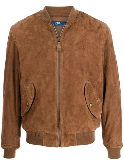 Polo Ralph Lauren Embroidered-logo Suede Bomber Jacket In Golden Brown
