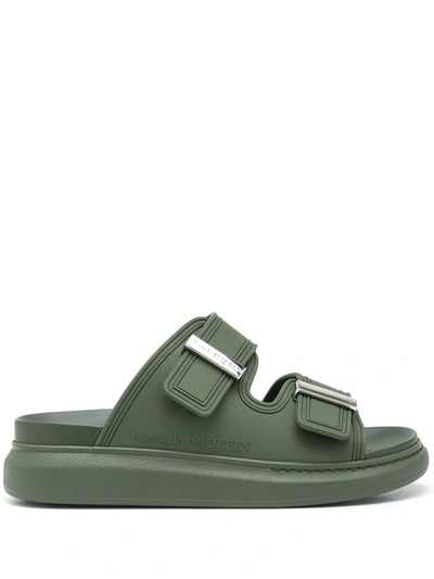 Alexander Mcqueen Fabric Upper And Rubber Slides In Khaki Silver