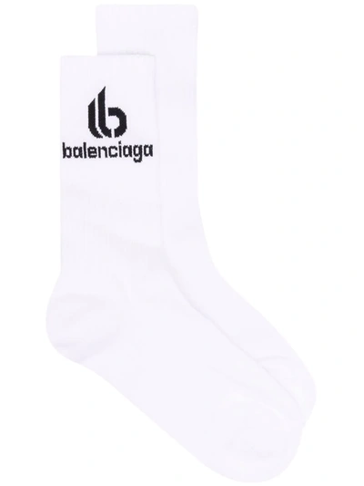 Balenciaga Logo印花罗纹针织袜 In White