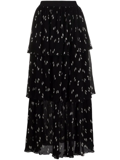 Maje Jiona Bow Print Ruffled Tiered Midi Skirt In Black