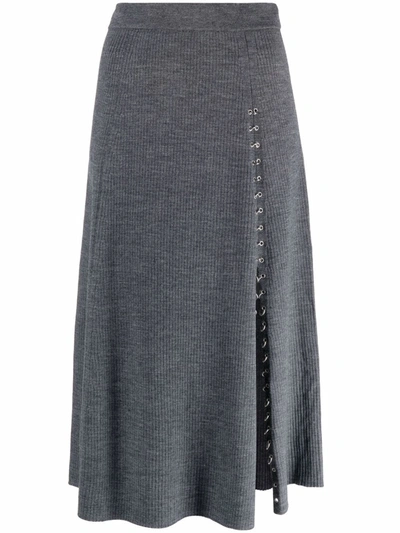 Maje Knitted Slit Skirt With Piercings In Grey
