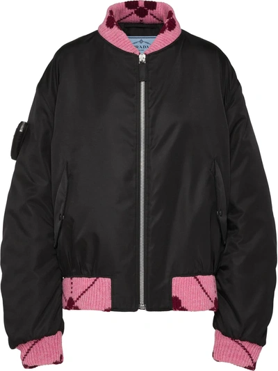 Prada Re-nylon Bomber Jacket With Jacquard Details In F004p Nero Rosa