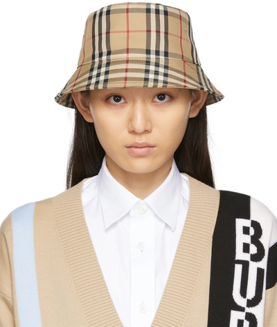 Burberry Reversible Icon Stripe Cotton Bucket Hat In Beige