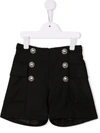 BALMAIN BLACK KIDS SHORTS WITH SILVER BUTTONS AND SIDE BUCKLES,6P6229-I0024 930AG