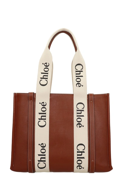 Chloé Woody Medium Logo Canvas/leather Tote Bag In Sepia Brown