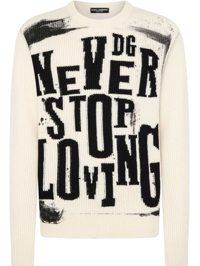Dolce & Gabbana Ribbed Slogan-knit Wool Jumper In Neutrals