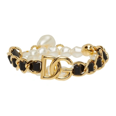 Dolce & Gabbana Gold Pearl & Leather Embellished Bracelet In Zoo00 Gold