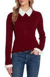 Cece Imitation Pearl Peter Pan Collar Cotton Sweater In Rich Cabernet