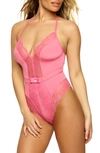 Black Bow Henny Satin & Lace Thong Bodysuit In Pink Pout