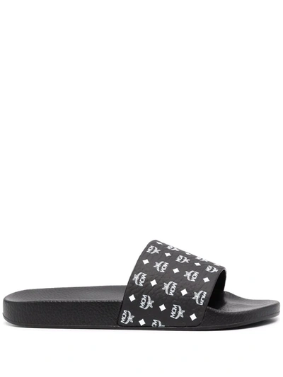 Mcm Logo Leather Pool Slide Sandals In Black