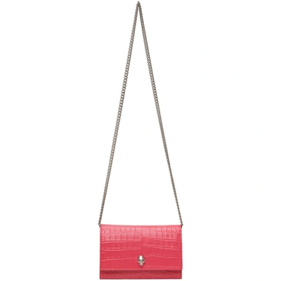 Alexander Mcqueen Mini Skull Croc Embossed Leather Shoulder Bag In Peony Pink