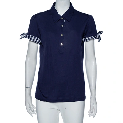 Pre-owned Carolina Herrera Indigo Cotton Check Trim Detail Polo T-shirt L In Blue