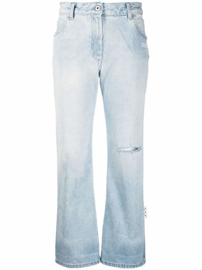 Off-white Light Blue High-rise Distressed Straight-leg Jeans