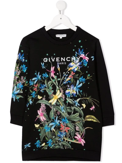 Givenchy Kids' Black Jersey Dress With Floral Logo Print In 09b-black