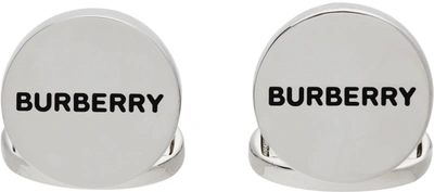 Burberry Silver Plated Engraved Logo Round Cufflinks