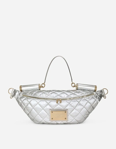 Dolce & Gabbana Quilted Nylon Sicily Belt Bag With Branded Plate In Silver