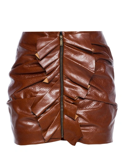 Saint Laurent Ruched Leather Mini Skirt In Whisky