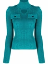 Bottega Veneta High-neck Ribbed Stretch-woven Top In Light Blue