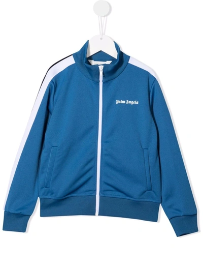 Palm Angels Kids Light Blue And White Sweatshirt With Zip And Logo