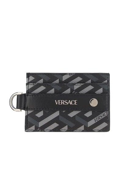 Versace Canvas Card Holder With All-over La Greca Motif In Black