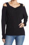 Go Couture V-neck Cold Shoulder Shoulder Hacci Knit Sweater In Black Print 1