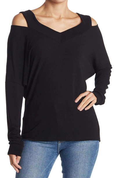 Go Couture V-neck Cold Shoulder Shoulder Hacci Knit Sweater In Black Print 1