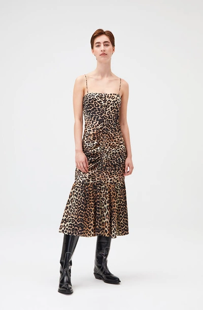 Ganni Short Sleeved Silk Stretch Satin Ruched Slip Midi Dress In Leopard