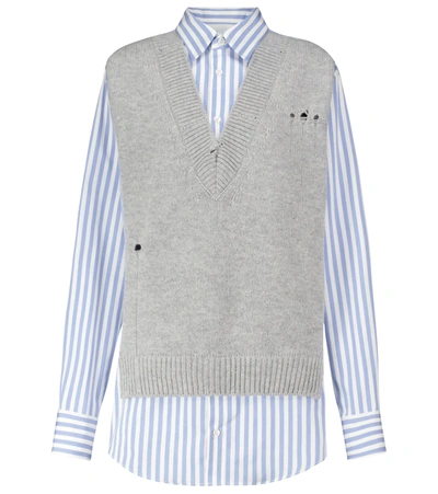 Maison Margiela Layered Distressed Cotton And Striped Cotton And Linen-blend Shirt In Grey,blue
