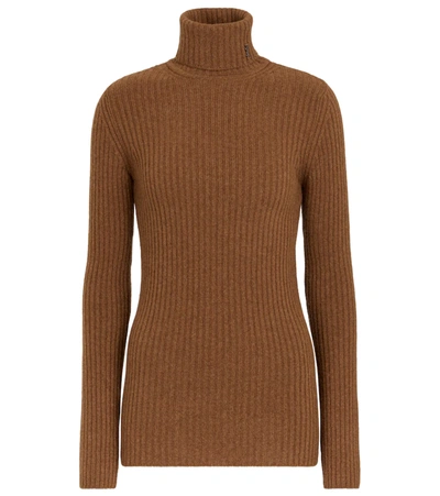 Saint Laurent Ribbed-knit Wool And Cashmere Turtleneck Sweater In Brown