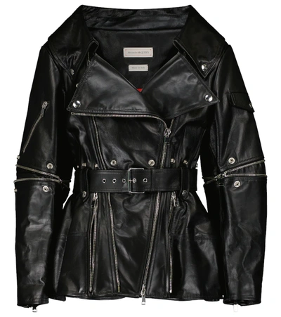 Alexander Mcqueen Zip-detailed Leather Peplum Biker Jacket In Black