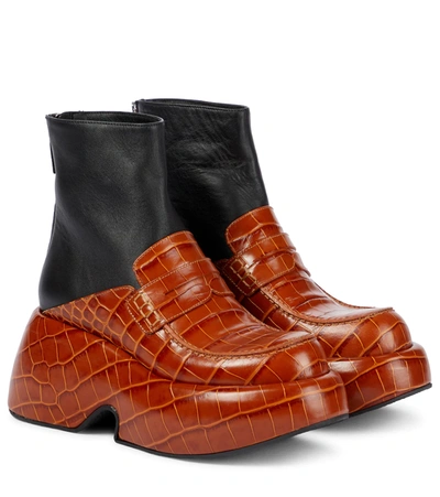 Loewe Croc-effect Leather Ankle Boots In Brown