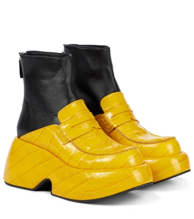 Loewe Croc-effect Leather Ankle Boots In Yellow/black