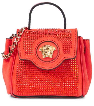 Versace Medusa Mini Embellished Suede Tote In Red