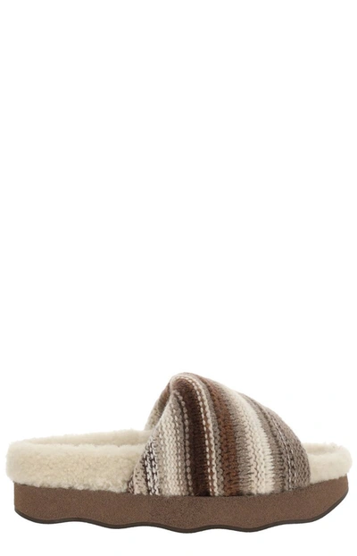 Chloé + Net Sustain Wavy Striped Recycled Cashmere-blend And Shearling Slides In Brown