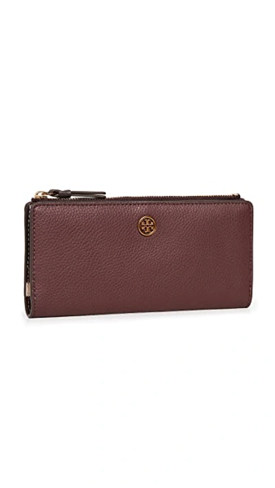 Tory Burch Walker Leather Slim Zip Wallet In Dark Rhubarb / Dark Gold