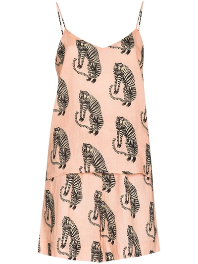Desmond & Dempsey Tiger-print Cotton Pyjama Set In 粉色