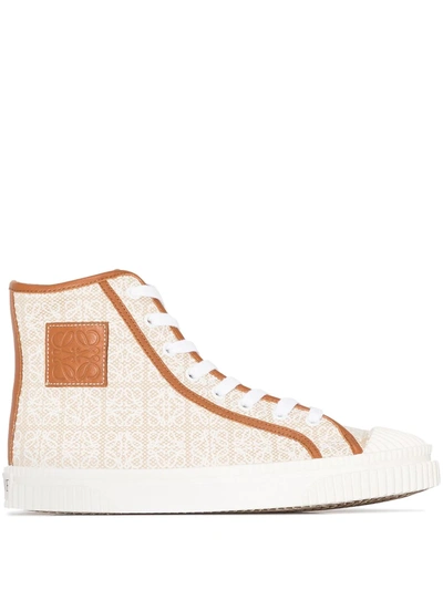 Loewe Leather-trimmed Jacquard High-top Sneakers In Panna/cuoio