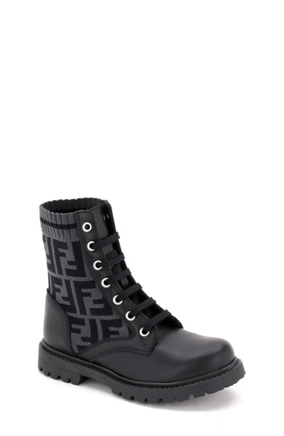 Fendi Teen Ff Motif Lace-up Boots In Grigio