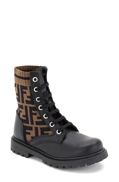 Fendi Teen Black Ff Motif Leather Lace-up Boots