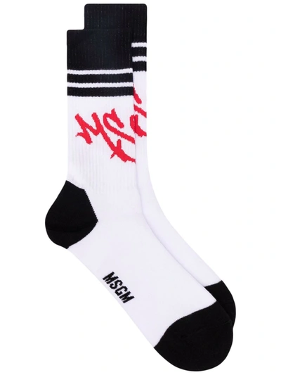 Msgm Logo Ribbed Knitted Socks In White