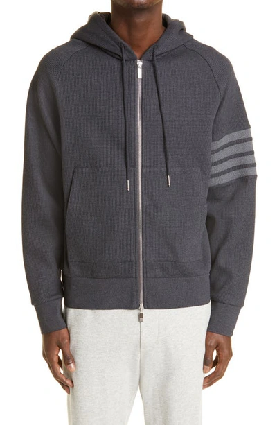Thom Browne Four-bar Zip Front Hoodie In Charcoal
