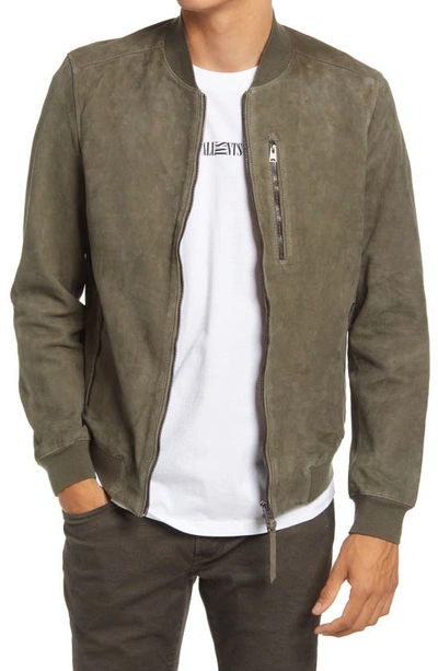 Allsaints Kemble Suede Bomber Jacket In Khaki Green