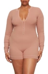 Skims Lounge Long Sleeve Henley Romper In Rose Clay