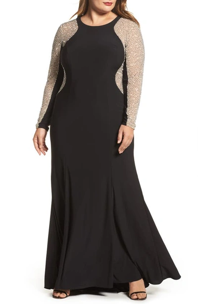 Xscape Embellished Jersey Gown In Black/ Nude/ Silver