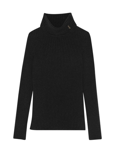Saint Laurent Ribbed Wool, Cashmere And Silk-blend Turtleneck Sweater In Black