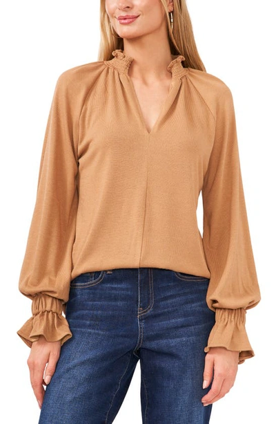 Vince Camuto Split Neck Balloon Sleeve Knit Top In Wild Oak
