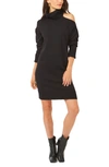 1.state Single Cold Shoulder Turtleneck Cotton Blend Sweater Minidress In Rich Black