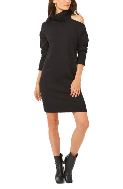 1.state Single Cold Shoulder Turtleneck Cotton Blend Sweater Minidress In Rich Black