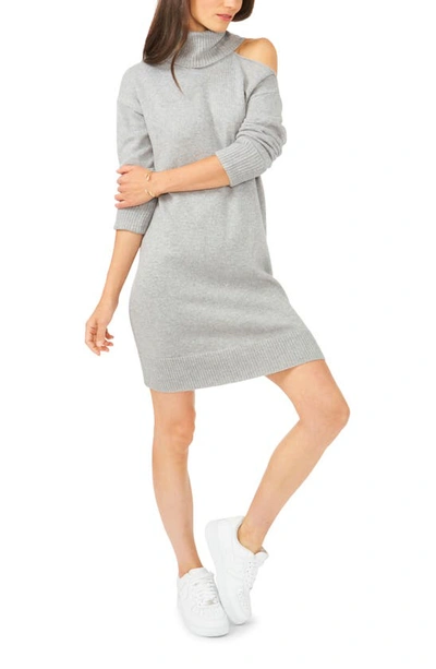1.state Single Cold Shoulder Turtleneck Cotton Blend Sweater Minidress In Silver Heather